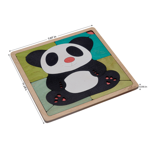 Panda-shaped wooden puzzle with measurements on a white background