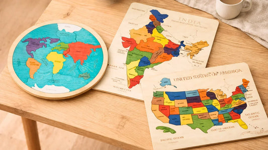 Wooden educational map puzzles by Ekoplay India featuring the world map, India map, and USA map, made from safe, child-friendly materials for kids’ learning and play.