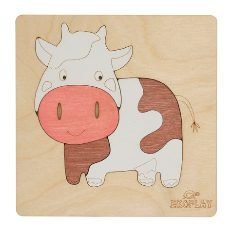 EKOPLAY Wooden Puzzles for Kids, 5 Piece Jigsaw Puzzle for Pre-School Kids, Learning Educational Toys Gifts for Boys Girls. Animal Puzzles Sets, Pets Happy Cow. Age 3+ Years.