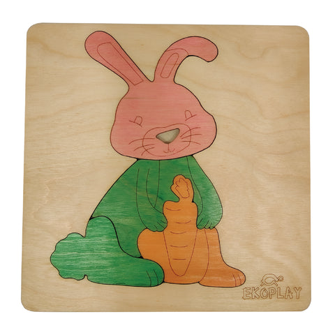 EKOPLAY Wooden Puzzles for Kids, 4 Piece Jigsaw Puzzle for Pre-School Kids, Learning Educational Toys Gifts for Boys Girls. Animal Puzzles Sets, Pets Happy Rabbit. Age 3+ Years.