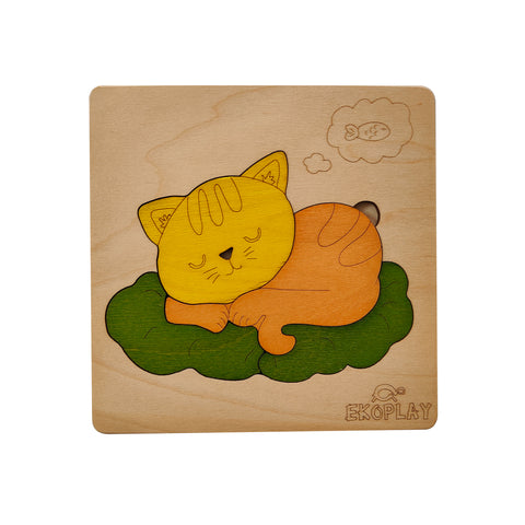 EKOPLAY Wooden Puzzles for Kids, 4 Piece Jigsaw Puzzle for Pre-School Kids, Learning Educational Toys Gifts for Boys Girls. Animal Puzzles Sets, Pets Cat on a Mat.
