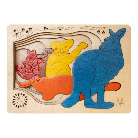 Wooden puzzle with colorful animal figures on a wooden base