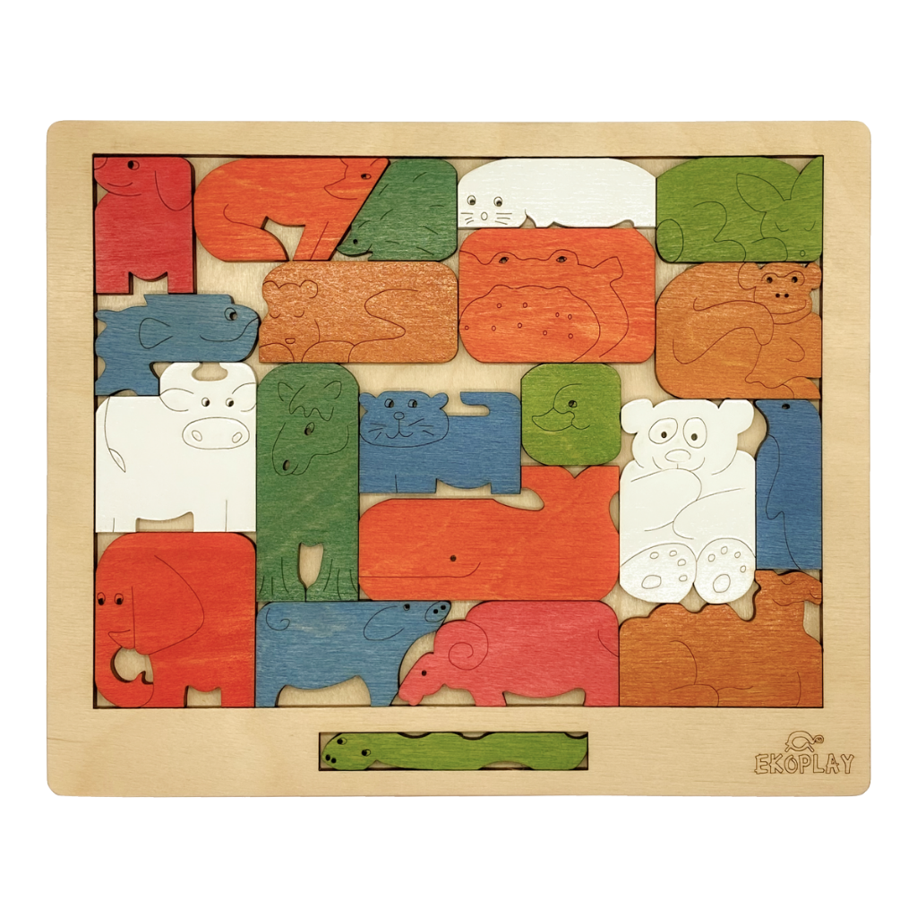 Wooden puzzle with colorful animal pieces on a white background
