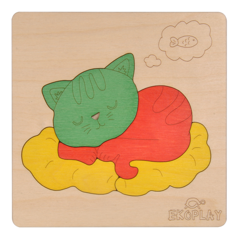 EKOPLAY Wooden Puzzles for Kids, 4 Piece Jigsaw Puzzle for Pre-School Kids, Learning Educational Toys Gifts for Boys Girls. Animal Puzzles Sets, Pets Cat on a Mat.