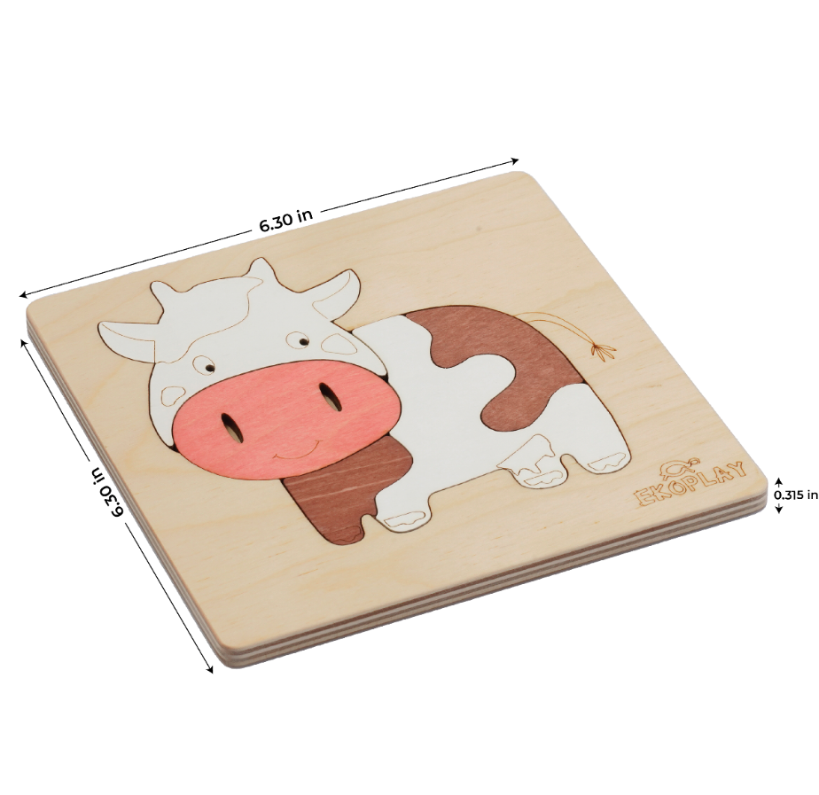 EKOPLAY Wooden Puzzles for Kids, 5 Piece Jigsaw Puzzle for Pre-School Kids, Learning Educational Toys Gifts for Boys Girls. Animal Puzzles Sets, Pets Happy Cow. Age 3+ Years.