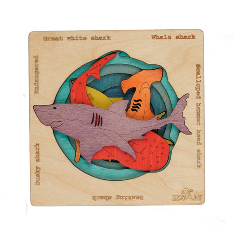 Endangered Sharks | Multilayered Wooden Jigsaw Puzzles for Kids | Hammerhead, Great White Shark, Whale Shark, Dusky Shark, Basking Shark | Learning Toy & Gift for Boys Girls Ages 3 Years and Above