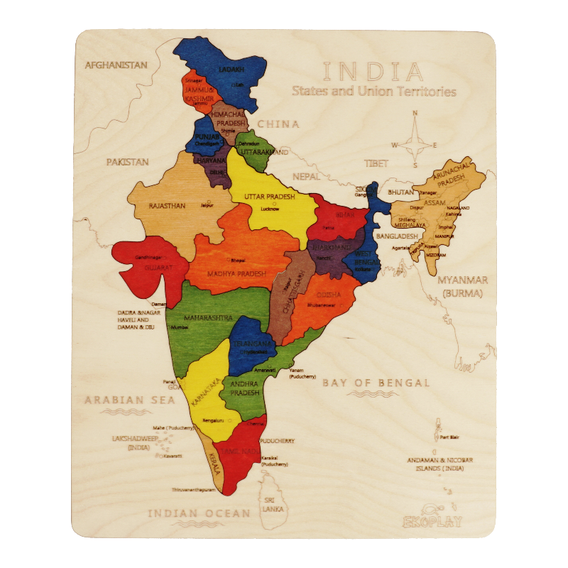 India Map Learning Puzzle. Geography Skill Toy for Kids.