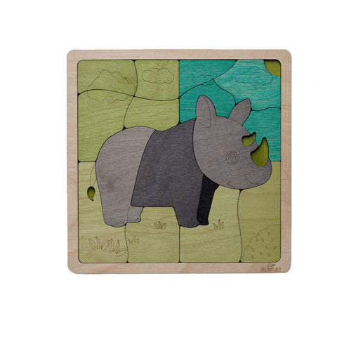 Tuff Rhinoceros Wooden Puzzle | 16 Pieces Jigsaw Puzzle | Endangered Animals for Kids 3 Years and Above