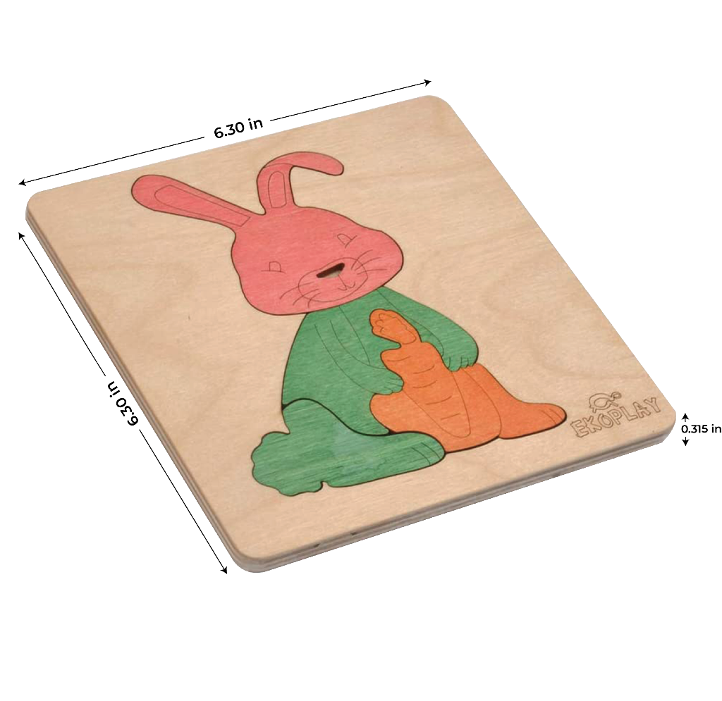 EKOPLAY Wooden Puzzles for Kids, 4 Piece Jigsaw Puzzle for Pre-School Kids, Learning Educational Toys Gifts for Boys Girls. Animal Puzzles Sets, Pets Happy Rabbit. Age 3+ Years.